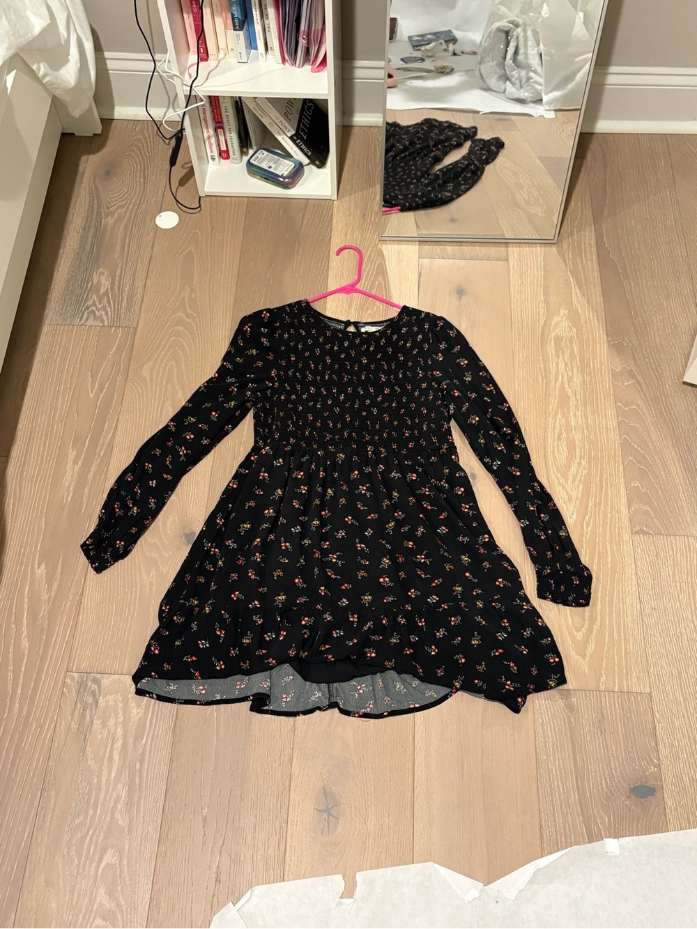 American Eagle Outfitters Black Long-Sleeve Floral Smocked Dress